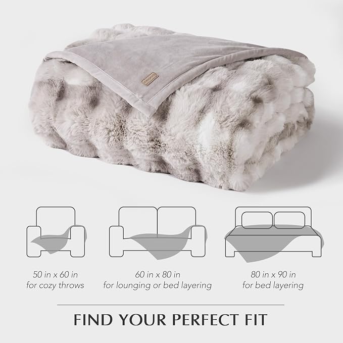 EVERGRACE Ultra Soft Luxury Fluffy Ridgeline Faux Rabbit Fur Throw Blanket, Thick Warm Bubble Throw for Bed, Cozy Plush Reversible Blankets for Couch, Chair, Sofa, Light Grey, 60x80 Inches, 870 GSM