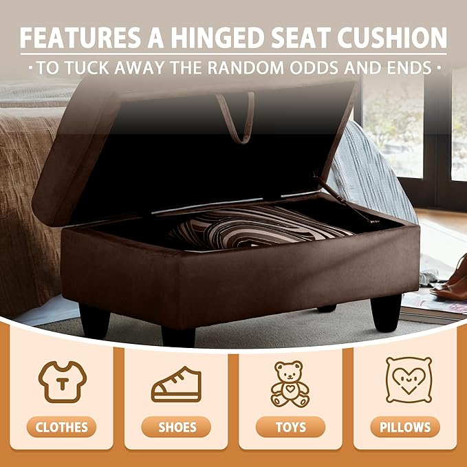 Ottoman Rectangular Storage Ottoman Bench, Flannel Footrest Stool Footstool with Lid for Living Room, Bedroom, Entryway, Chocolate, 28.5"x19"x17.5"