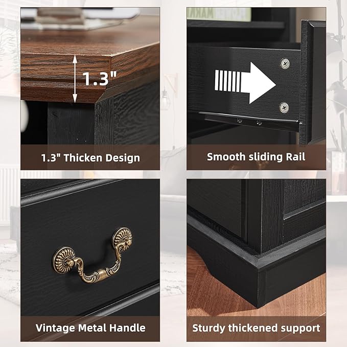 Farmhouse Nightstands with Charging Station，18" End Table with 2 Drawers，Farmhouse Nightstand with Vintage Handles, Bedside Cabinet for Bedroom for Bedroom, Living Room,Black