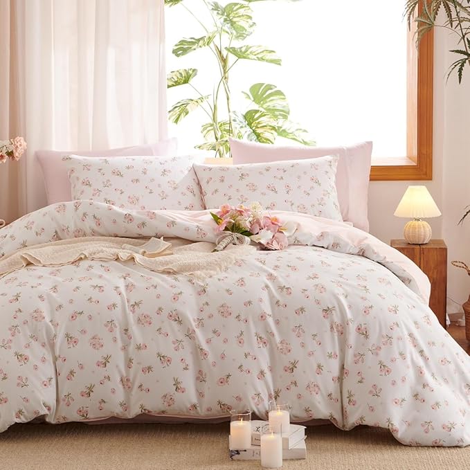 Floral Comforter Set Twin Size - 2 Pieces Pink White Floral Comforter Bedding Sets Reversible Pattern,Twin Bed in a Bag with Flowers Comforter and 1 Pillowcase