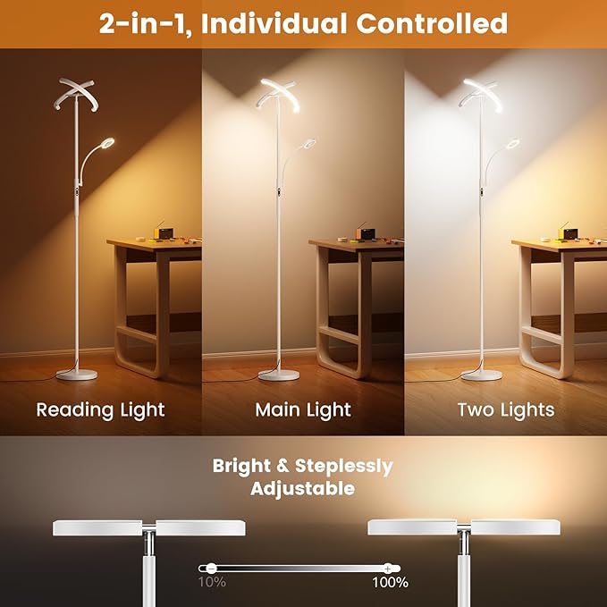 White LED Floor Lamp - Dimmable 2 Lights Standing Lamp with Remote&Touch Control, 4 Color& 10 Brighness Adjustable Floor Reading Light, Modern Tall Lamp for Living Room Bedroom Office Corner