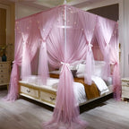 VETHIN 4 Corners Post Princess Bed Canopy Curtain Double Layer Cozy Drape Netting 4 Opening Mosquito Net for Girls & Adults Bedroom Decoration Accessories (Double Pink, 53" W*78" L*82"*H/(Full))