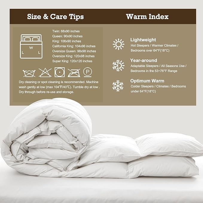 BPC Feather Down Comforter California King for All Season, 750 Fill-Power Cloud Fluffy Duvet Insert with Ultra-Soft Egyptian Cotton Blend Cover, Medium Warmth Hotel Comforter, White, 104x96 Inches