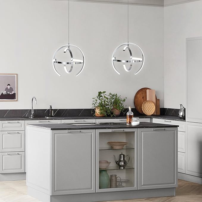 Chrome Modern LED Pendant Light, Silver Dimmable Metal Globe Chandelier, Hanging Ceiling Light Fixture for Room Dining Bedroom Living Room Kitchen Island Hallway Entryway Foyer 13 Inch