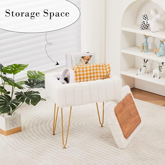 Wimarsbon Storage Ottoman, Vanity Stools with Metal Legs, 16.5" x 11.8" x 18" Modern Faux Mink Fur Footstool, Makeup Chair with Anti-Slip Feet, Accent Table,Footrest,Storage Bench for Bedroom