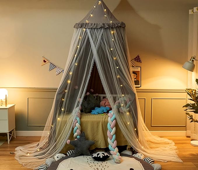 VETHIN Bed Canopy for with Lights,Double Layer Princess Round Dome Dreamy Mosquito Net Bedding Girls Room Castle Play Tent Hanging House Decor Reading Nook Canopies(Gray/White)