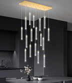 Rectangular Chandeliers 17-Lights Long Light for Entryway LED Dimmable Chandeliers Lighting Fixture Flat Sloped High Ceiling Pendant Lights Crystal for Living Room Foyer Hallway Staircase Gold