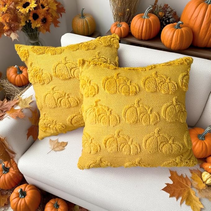 Booque Valley Fall Decorative Pillow Covers Set of 2 20 x 20 inch Soft Plush Faux Fur Wool Pumpkin Throw Pillowcases for Autumn Halloween Farmhouse Home Decor, Mustard Yellow