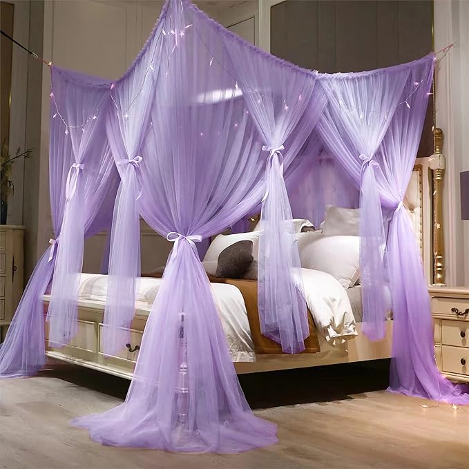 VETHIN 4 Corners Post Princess Bed Canopy Curtain Double Layer Cozy Drape Netting 4 Opening Mosquito Net for Girls & Adults Bedroom Decoration Accessories (Double Purple,64" W*82" L*82"*H/(Queen))