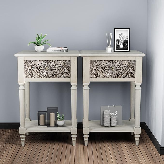 HOMPUS End Table Set of 2 with Drawer and Shelf, Vintage Nightstand Set 2 w Pattern Drawer, White Bedside Table, Accent Nightstand Organizer for Living Room, Bedroom, Easy to Assemble, Distress White
