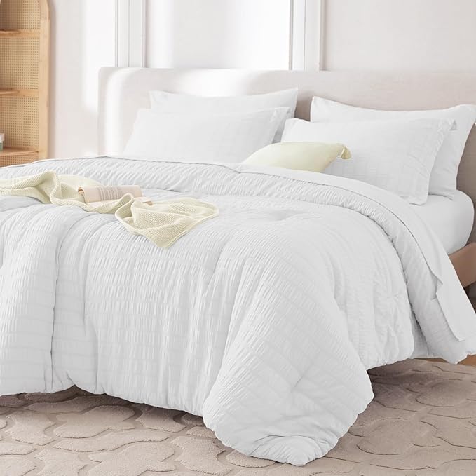 MUXHOMO 7 Pieces California King Comforter Set, Seersucker Bed in a Bag Cal King Size, All Season Luxury Bedding Set with Comforter, Flat Sheet, Fitted Sheet, Pillowcases & Shams, White