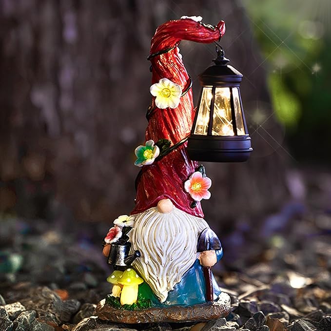 TIJNN Solar Garden Gnome Statue with Lantern, Dwarf Gardener Outdoor Decor for Patio, Yard, Porch Garden Gifts