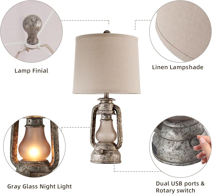 RORIANO Farmhouse Rustic Table Lamps for Living Room Set of 2, Vintage Lantern Table Lamp with Dual USB Ports, Retro Nightstand Lamp for Bedroom Bedside, 4 Bulbs Included (Iron Gray)