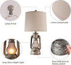 RORIANO Farmhouse Rustic Table Lamps for Living Room Set of 2, Vintage Lantern Table Lamp with Dual USB Ports, Retro Nightstand Lamp for Bedroom Bedside, 4 Bulbs Included (Iron Gray)