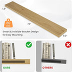 Floating Shelves for Wall, 72"W x 9.3"D x 1.5"H, Long Wooden Wall Mounted Display Shelves with Invisible Brackets for Living Room, Bedroom, Bathroom, Kitchen Decor and Storage, Set of 1, Oak