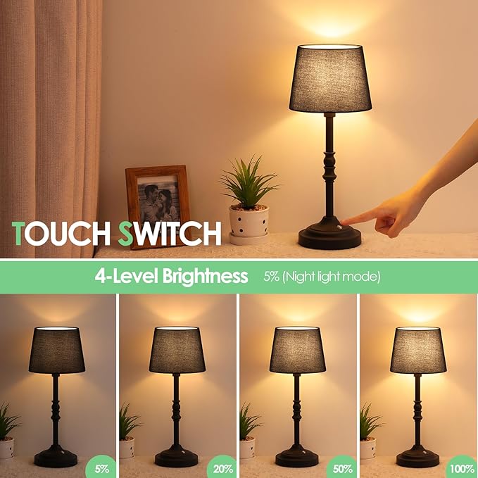 GGOYING Set of 2 Rechargeable Cordless LED Table Lamps, 4-Level Dimmer, Black Portable Desk Lamps with Black Fabric Shades, Night Light for Dining, Bedroom and Patio