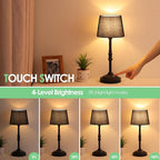 GGOYING Set of 2 Rechargeable Cordless LED Table Lamps, 4-Level Dimmer, Black Portable Desk Lamps with Black Fabric Shades, Night Light for Dining, Bedroom and Patio