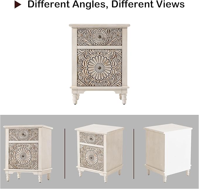 HOMPUS White Nightstand with Drawer & Storage, Fully-Assembled Flower Motif Night Stand for Small Spaces, 2 Drawer End Table with Storage for Living Room, Bedroom, Distress White
