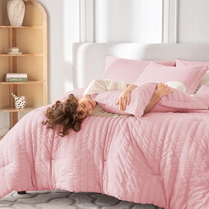 MUXHOMO 7 Pieces King Comforter Set, Seersucker Bed in a Bag King Size, All Season Luxury Bedding Set with Comforter, Flat Sheet, Fitted Sheet, Pillowcases & Shams, Pink