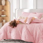 MUXHOMO 7 Pieces King Comforter Set, Seersucker Bed in a Bag King Size, All Season Luxury Bedding Set with Comforter, Flat Sheet, Fitted Sheet, Pillowcases & Shams, Pink