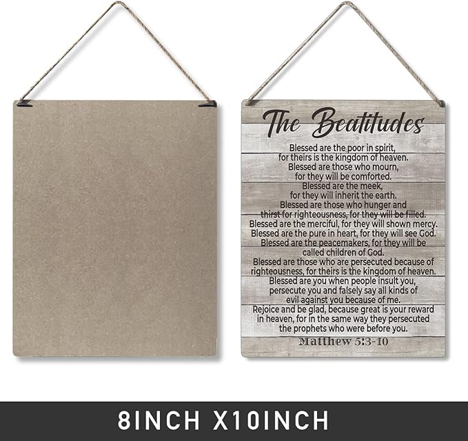 Inspirational Bible Gift Signs the Beatitudes Blessed are the Poor in Spirit for Theirs is the Kingdom of Heaven Wooden Hanging Sign Religious Scripture Art Wall Home Decoration 10 x 8 Inches