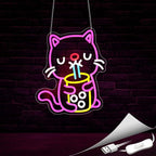 Cat Boba Tea Neon Sign, Neon Signs for Wall Decor Neon LED Signs Room Neon Light Up Signs Home Decor for Bedroom Club Party Bar Shop USB Operated