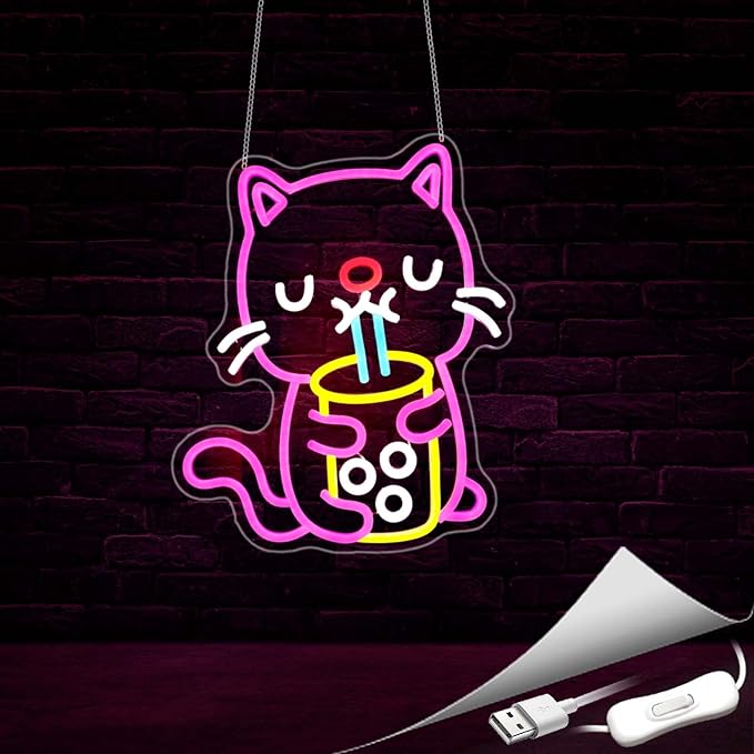 Cat Boba Tea Neon Sign, Neon Signs for Wall Decor Neon LED Signs Room Neon Light Up Signs Home Decor for Bedroom Club Party Bar Shop USB Operated