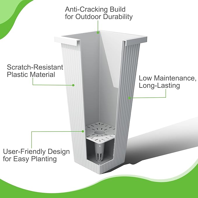 FENCY Set of 2 Tall Planters for Outdoor Plants, 24 Inch Large Tapered Pots with Drainage Trays, Weather-Resistant Plastic Plant Containers for Patio, Porch, Garden, Front Door Decor,White, Striped