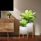 ARNIS Plants Pots with Stand, Set of 2 Indoor Planter Pots, Unique Mid Century Decorative Metal Flower Pots with Drainage,8.25 & 10.5 Inch, Grey and White