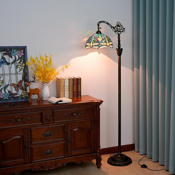 Tiffany Floor Lamp Vintage Standing Lamp Green Blue Dragonfly Stained Glass Floor Light Rustic Corner Gooseneck Floor Lamp with Adjustable Angle for Home Decor Living Room Bedroom 12X12X63 Inches