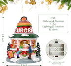 Vigdur Christmas Village Houses - Animated Hamburger Shop with LED Lighted and 8 Xmas Songs, Christmas Animation Village Indoor Holiday Tabletop Decorations for Home Tabletop Gift