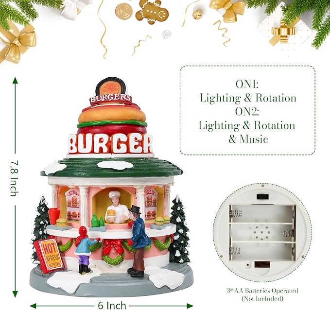 Vigdur Christmas Village Houses - Animated Hamburger Shop with LED Lighted and 8 Xmas Songs, Christmas Animation Village Indoor Holiday Tabletop Decorations for Home Tabletop Gift