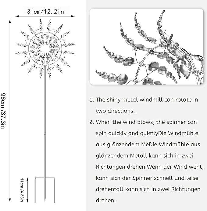 Unique and Magical Metal Windmill, 3D Wind Powered Kinetic Sculpture, Metal Wind Spinner Solar, Wind Spinners for Yard and Garden, Wind Catchers Metal Outdoor Patio Decoration (2 PCS -Silver)