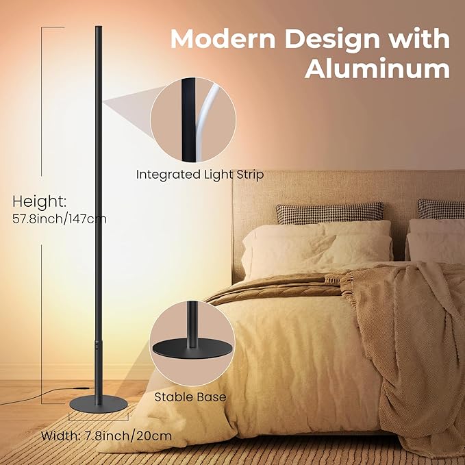 LED Corner Floor Lamp, Minimalist Dimmable Light with Remote, 2700-6500k Color Temperature Stepless Adjustable, 58 Inches Tall Standing Lamp for Living Room, Bedroom, Home Office, Black
