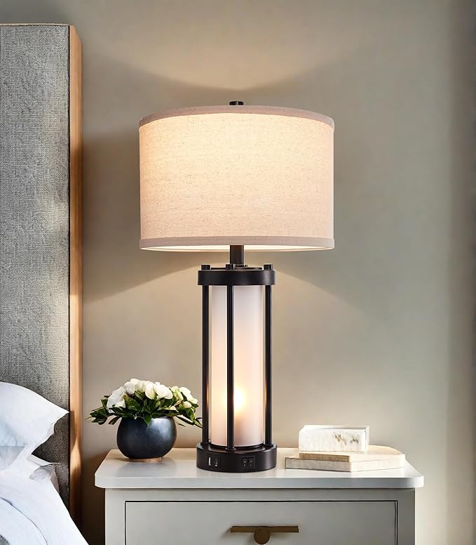 Modern Table Lamps for Living Room, Industrial Beside Lamps with 2 USB Ports, Rustic Nightstand Lamp with White Frosted Glass Night Light for Bedroom End Table Entryway, 2 Bulb Included