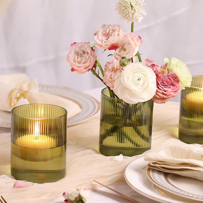 Glass Ribbed Cylinder Vase Set of 6, Bud Vase for Wedding Centerpieces, Green Flower Vases Bulk, Hurricane Floating Candle Holder, Decorative Flower Vase for Table Housewarming Gifts (Green)