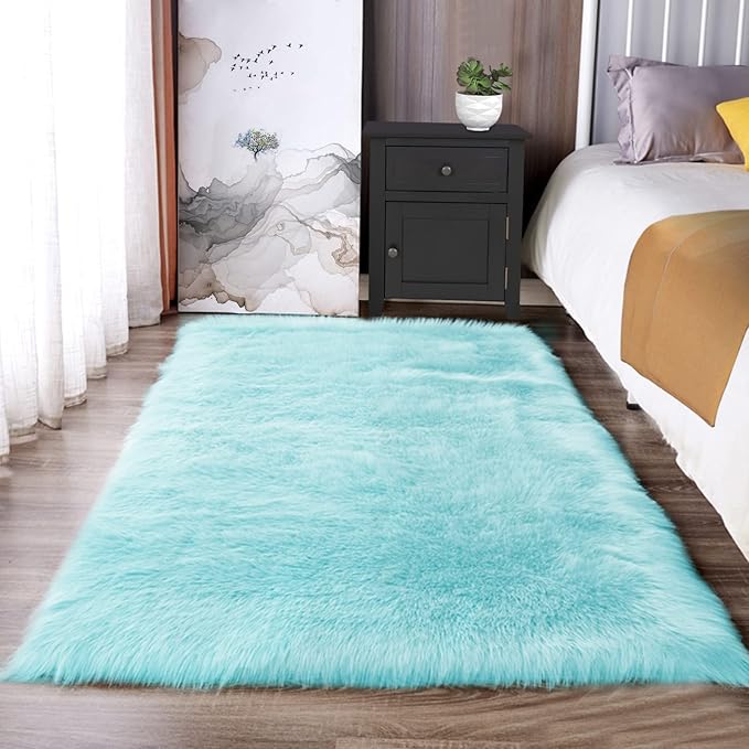 Latepis Blue Rugs for Bedroom Washable 3x5 Faux Sheepskin Fur Rug Fluffy Shaggy Rugs for Teen Room Décor Dorm Boho Bedroom Rug, Rectangle