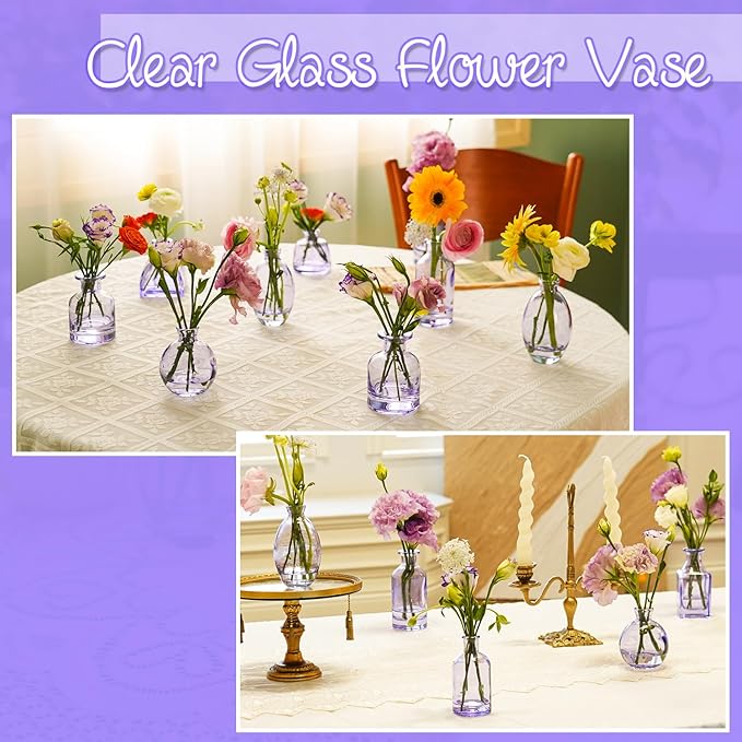 Bud Vases in Bulk 24 | Purple Glass Vase Set – Small Clear Bud Vases for Wedding Centerpieces, Floral Arrangements, Table Decor | Bulk Elegant Mini Vases for Events, Home & Party Decorations