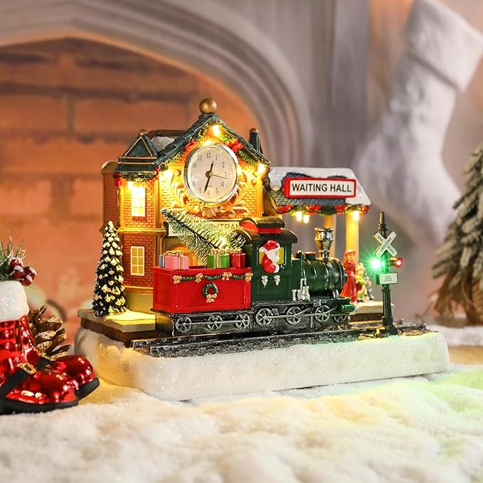 Bdor Christmas Train Station Decoration – Lighted Animated Holiday Village Scene with Train, Clock Tower & Waiting Hall – Plug-in Resin Christmas Tabletop Ornament – 9.8"x5.5"x7.9"