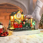 Bdor Christmas Train Station Decoration – Lighted Animated Holiday Village Scene with Train, Clock Tower & Waiting Hall – Plug-in Resin Christmas Tabletop Ornament – 9.8"x5.5"x7.9"