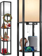 OUTON Floor Lamp with Shelves, LED Shelf Floor Lamp with 1 USB & 1 Type C Ports, 1 AC Outlet, 3 Color Temperature, Storage Display Wood Column Tall Standing Lamp for Living Room, Bedroom Office, Black