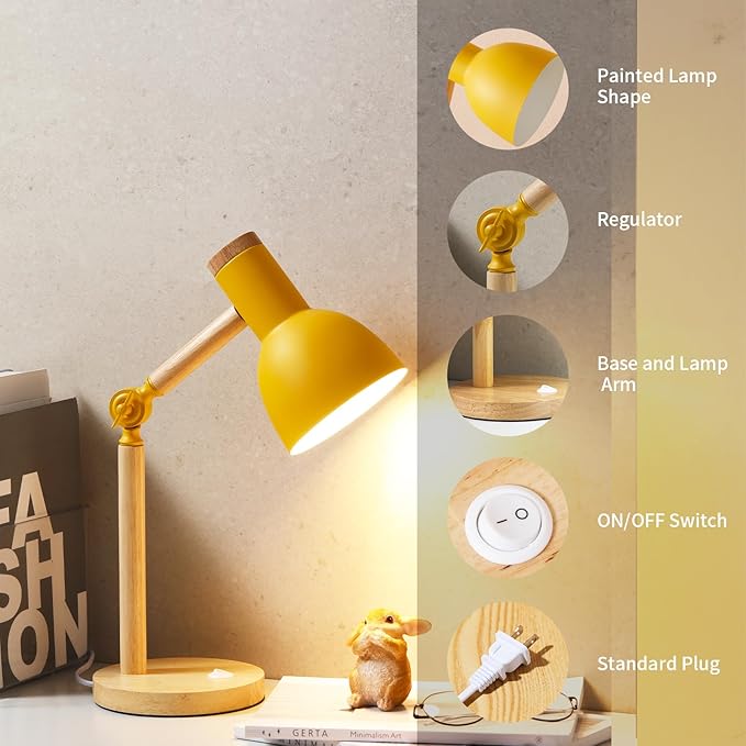 Table Lamp,Wooden Adjustable Tri-Color Desk & Bedside Lamp for Office, Living Room, Bedroom & Kids Room (Yellow)
