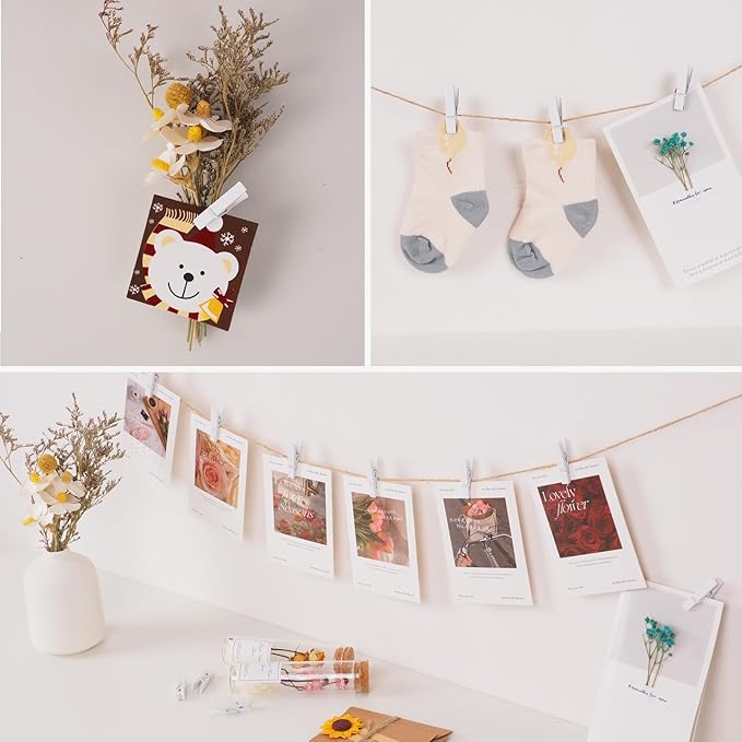 100Pcs White Mini Wooden Clothespins with 328ft Jute Twine - Photo Display Clips for Hanging Pictures, Crafts, Wall Art, Baby Showers (1.4 Inch, White)