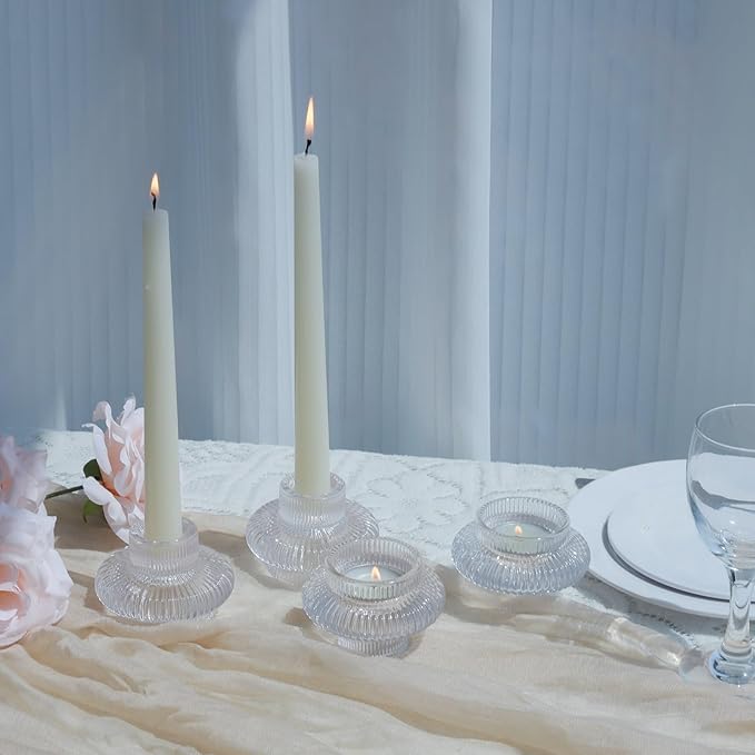 VOHO 12pcs Taper Candle Holders Ribbed Glass, Stylish Boho Candle Holder Stackable and Reversible for Candlesticks & Votive Candles, Clear Candle Sticks Holder Decor for Dining Table Centerpiece