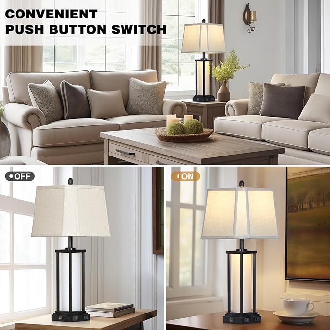 27" Tall Vintage Table Lamp Set of 2 with USB C+A & Outlet,Black Industrial End Table Lamp for Living Room,Farmhouse Rustic Bedside Lamps with Bell Lampshades for Bedroom Nightstand,Black