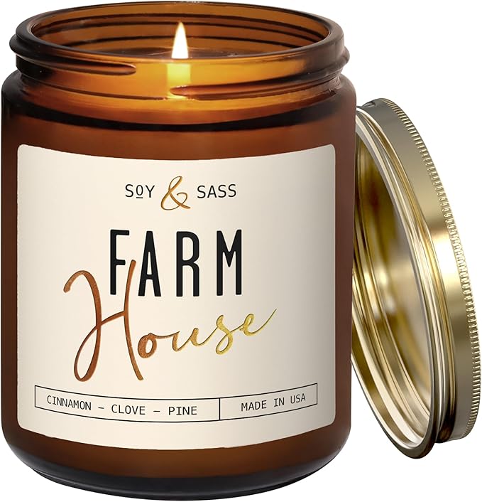 Fall Candles - 'Farmhouse' Autumn Scented Soy Candles for Home, w/Cinnamon, Clove & Pine I Infused with Essential Oils I Farmhouse Décor, 9oz Reusable Jar, 50Hr Burn, Made in USA