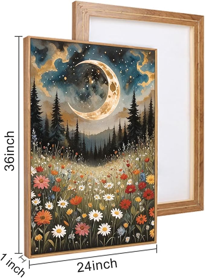 HPINUB Wildflower Moon Pine Tree Framed Canvas Wall Art Set,Nature Forest Wall Decor,Mystical Starry Night Artwork Rustic Mountain Landscape Art Print for Living Room,Bedroom,Office-24 x36 x3