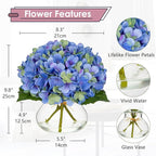Hollyone Hydrangea Artificial Flowers with Glass Vase Blue-Green Silk Faux Flowers Arrangements in Vase with Faux Water Fake Floral Bulk Bouquet for Home Decor Table Centerpiece Decorations