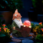 Solar Garden Gnome Statue with Crackle Glass Globe Lights, Waterproof Outdoor Decor for Patio, Lawn, or Yard, Whimsical Housewarming Gift(Green Gnomes)