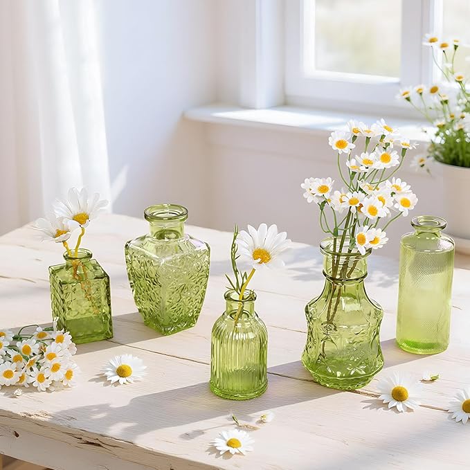 Embossed Bud Vases Set of 24, Vintage Flower Vase Green Glass Mini Vases for Centerpieces, Decorative Small Vase Bulk for Flowers, Wedding Table Decorations, Party, Baby Shower, Home Decor,